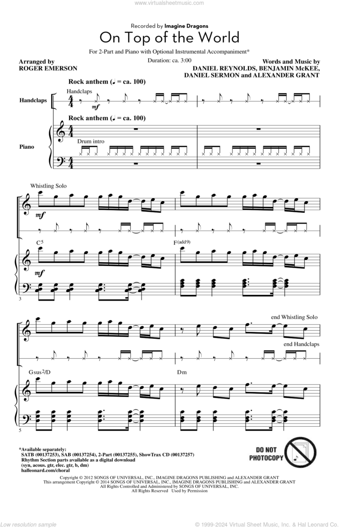 On Top Of The World sheet music for choir (2-Part) by Roger Emerson, Imagine Dragons, Alexander Grant, Benjamin McKee, Daniel Reynolds and Daniel Sermon, intermediate duet