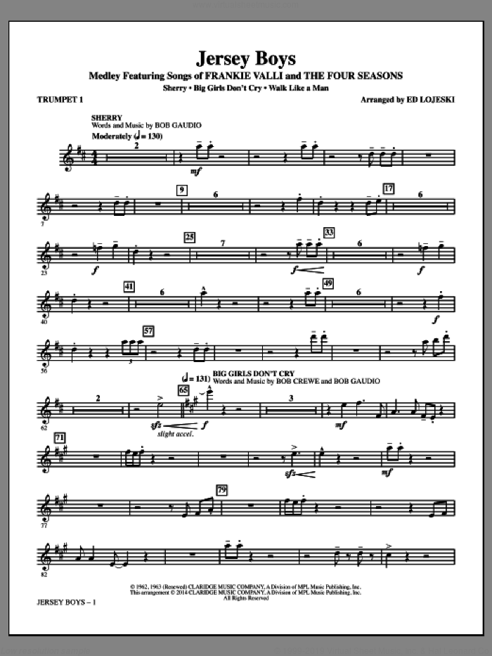 Jersey Boys (Medley), featuring songs of frankie valli and the four seasons sheet music for orchestra/band (trumpet 1) by Bob Crewe, Ed Lojeski, The Four Seasons and Bob Gaudio, intermediate skill level