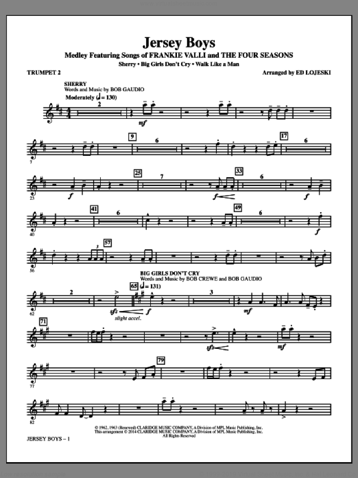 Jersey Boys (Medley), featuring songs of frankie valli and the four seasons sheet music for orchestra/band (trumpet 2) by Bob Crewe, Ed Lojeski, The Four Seasons and Bob Gaudio, intermediate skill level