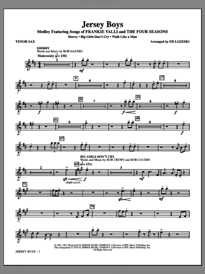 Jersey Boys (Medley), featuring songs of frankie valli and the four seasons sheet music for orchestra/band (tenor sax) by Bob Crewe, Ed Lojeski, The Four Seasons and Bob Gaudio, intermediate skill level