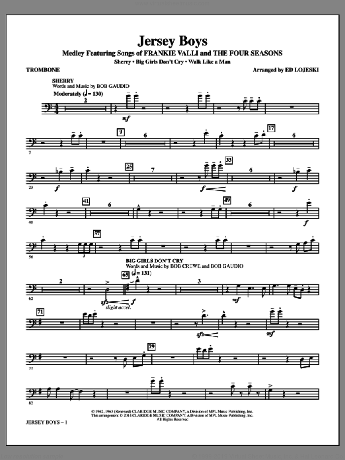 Jersey Boys (Medley), featuring songs of frankie valli and the four seasons sheet music for orchestra/band (trombone) by Bob Crewe, Ed Lojeski, The Four Seasons and Bob Gaudio, intermediate skill level