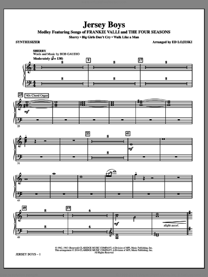 Jersey Boys (Medley), featuring songs of frankie valli and the four seasons sheet music for orchestra/band (synthesizer) by Bob Crewe, Ed Lojeski, The Four Seasons and Bob Gaudio, intermediate skill level
