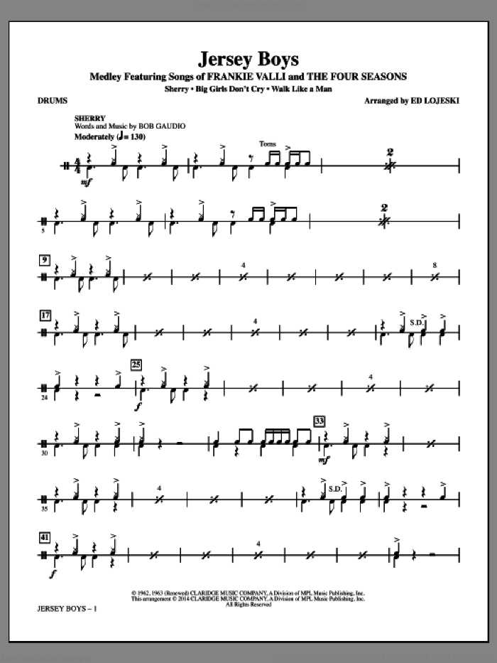 Jersey Boys (Medley), featuring songs of frankie valli and the four seasons sheet music for orchestra/band (drums) by Bob Crewe, Ed Lojeski, The Four Seasons and Bob Gaudio, intermediate skill level