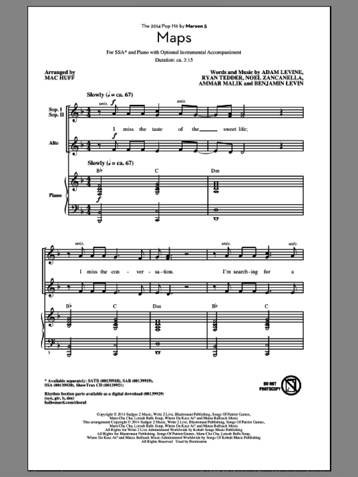 Maps sheet music for choir (SSA: soprano, alto) by Mac Huff, Maroon 5, Adam Levine, Ammar Malik, Benjamin Levin, Noel Zancanella and Ryan Tedder, intermediate skill level