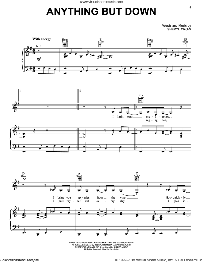 Anything But Down sheet music for voice, piano or guitar by Sheryl Crow, intermediate skill level