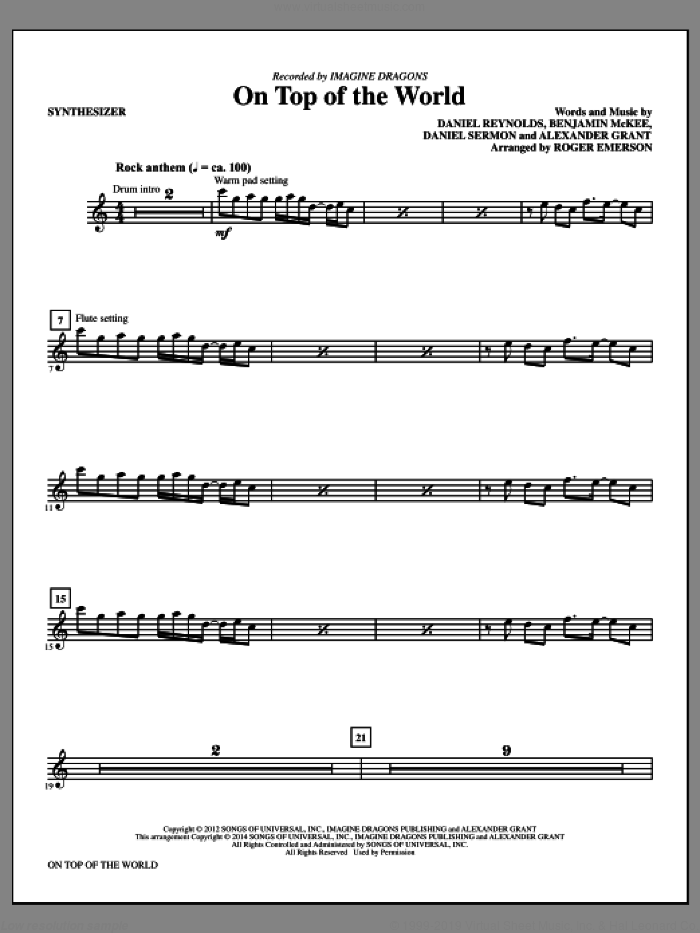 On Top of the World (complete set of parts) sheet music for orchestra/band by Roger Emerson, Alexander Grant, Benjamin McKee, Daniel Reynolds, Daniel Sermon and Imagine Dragons, intermediate skill level