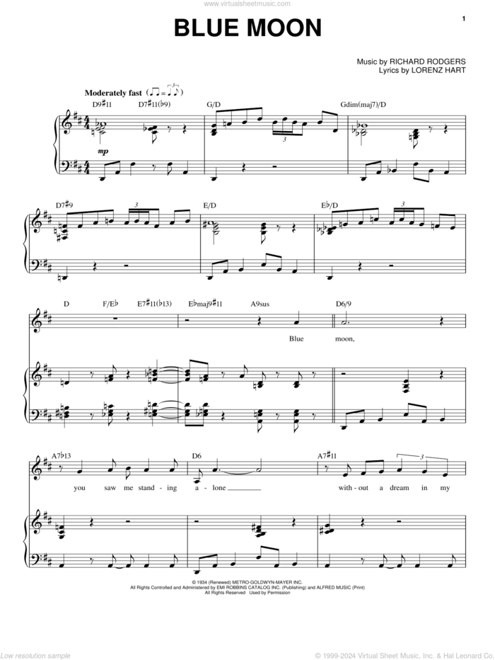 Blue Moon sheet music for voice and piano by Frank Sinatra, Elvis Presley, The Marcels, Lorenz Hart and Richard Rodgers, intermediate skill level