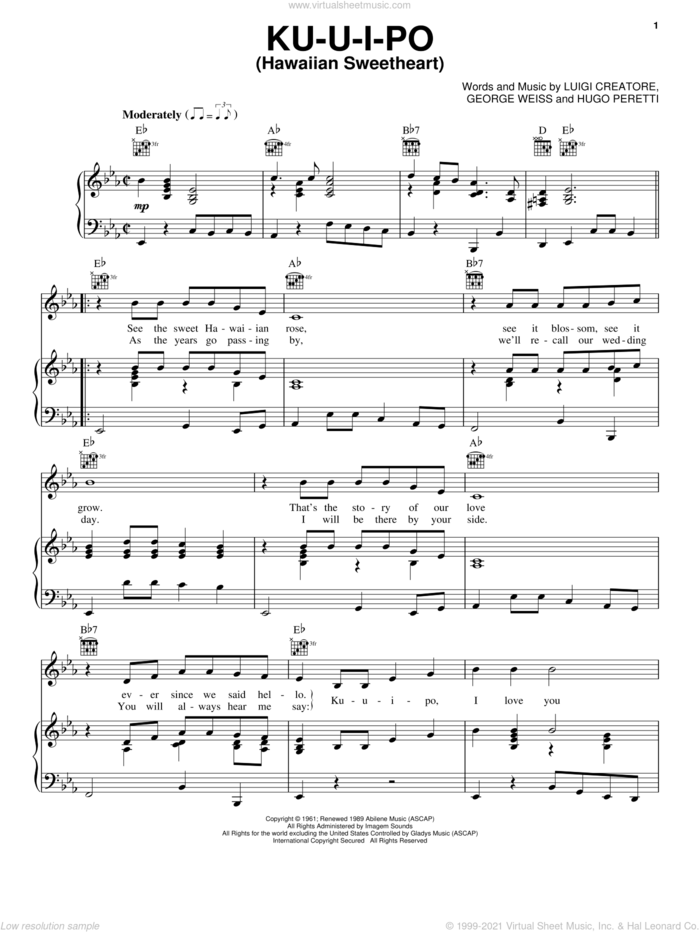 Ku-U-I-Po (Hawaiian Sweetheart) sheet music for voice, piano or guitar by Elvis Presley, George David Weiss, Hugo Peretti and Luigi Creatore, intermediate skill level