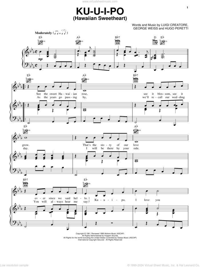 Ku-U-I-Po (Hawaiian Sweetheart) sheet music for voice, piano or guitar by Elvis Presley, George David Weiss, Hugo Peretti and Luigi Creatore, intermediate skill level