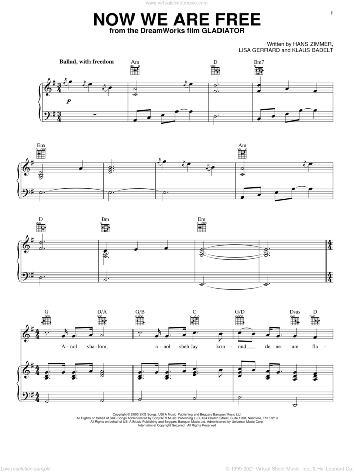 Now We Are Free sheet music for voice, piano or guitar by Celtic Thunder, Hans Zimmer, Klaus Badelt and Lisa Gerrard, intermediate skill level