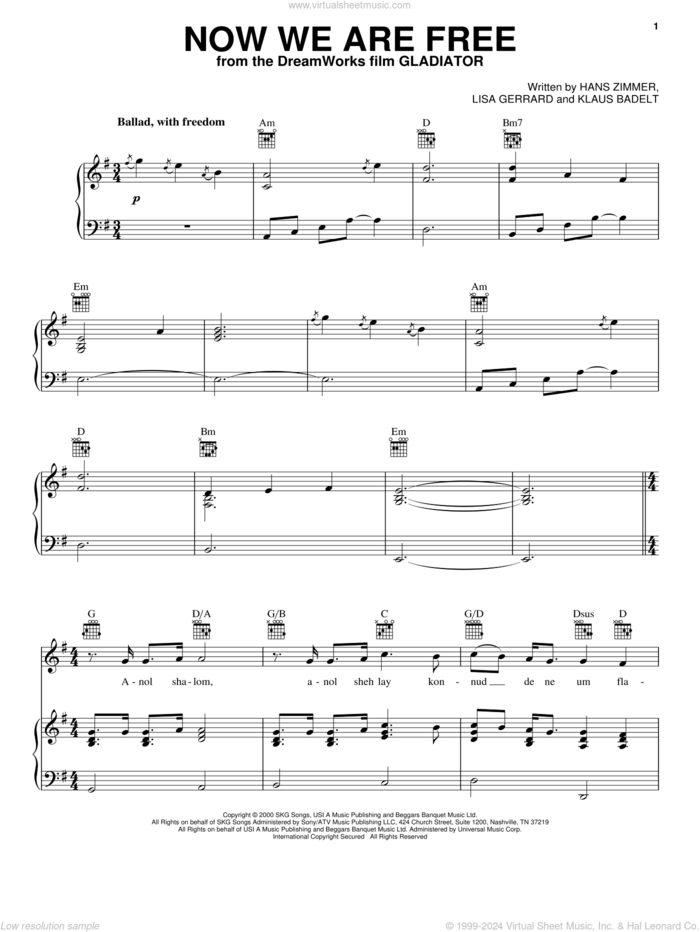 Now We Are Free sheet music for voice, piano or guitar by Celtic Thunder, Hans Zimmer, Klaus Badelt and Lisa Gerrard, intermediate skill level