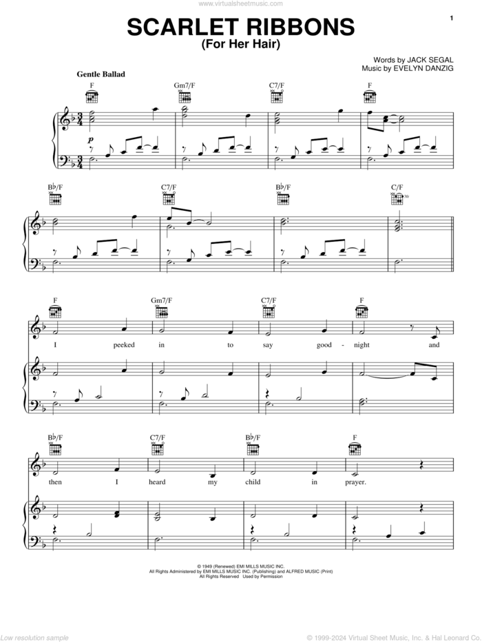 Scarlet Ribbons (For Her Hair) sheet music for voice, piano or guitar by Celtic Thunder, Evelyn Danzig and Jack Segal, intermediate skill level