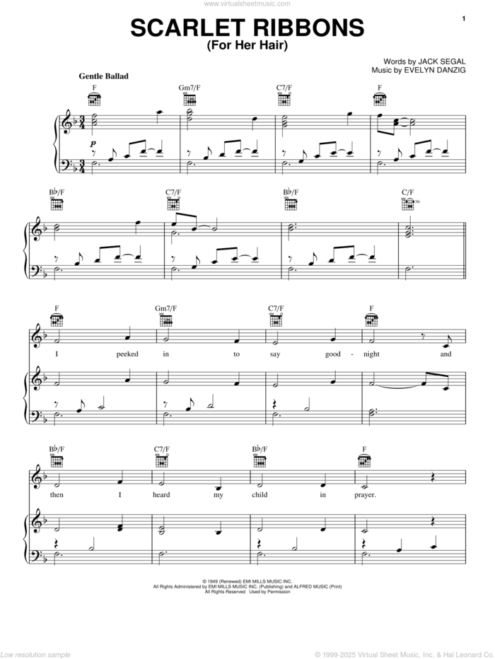 Scarlet Ribbons (For Her Hair) sheet music for voice, piano or guitar by Celtic Thunder, Evelyn Danzig and Jack Segal, intermediate skill level