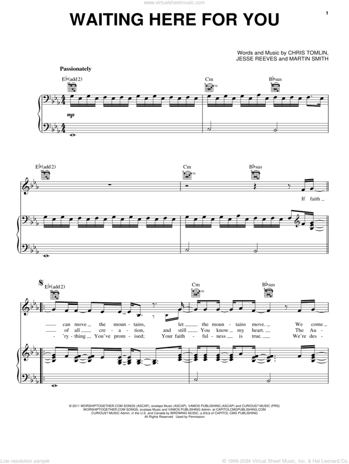 Waiting Here For You sheet music for voice, piano or guitar by Passion, Chris Tomlin, Jesse Reeves and Martin Smith, intermediate skill level