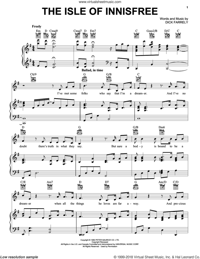 The Isle Of Innisfree sheet music for voice, piano or guitar by Celtic Thunder and Dick Farrelly, intermediate skill level
