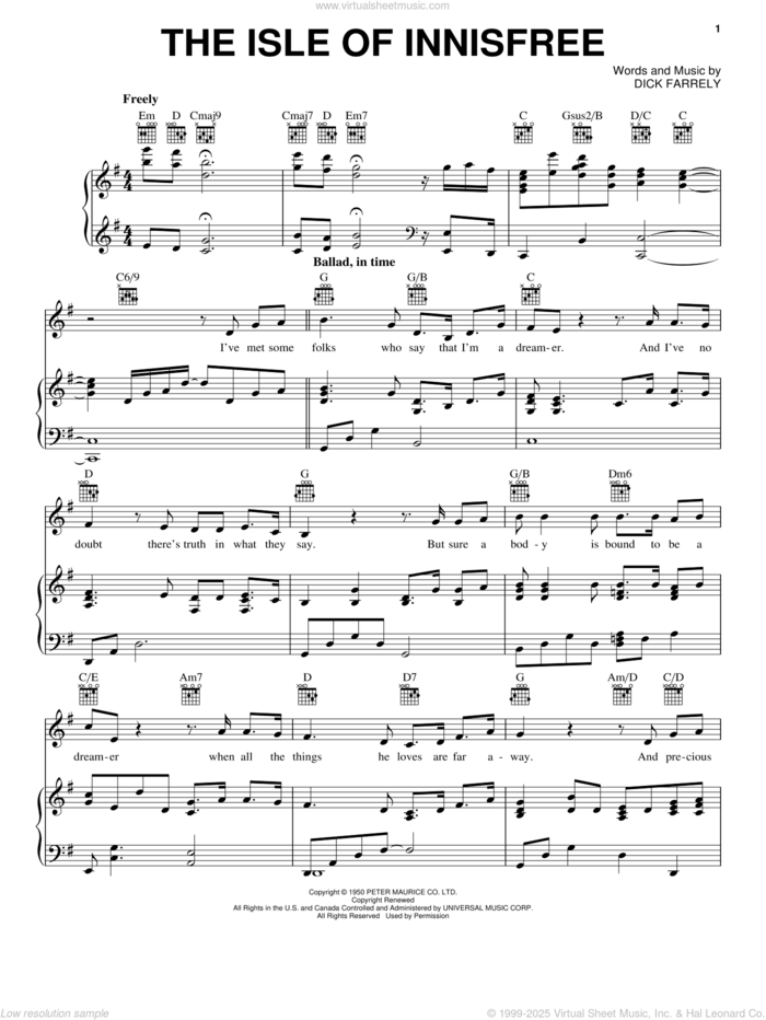 The Isle Of Innisfree sheet music for voice, piano or guitar by Celtic Thunder and Dick Farrelly, intermediate skill level