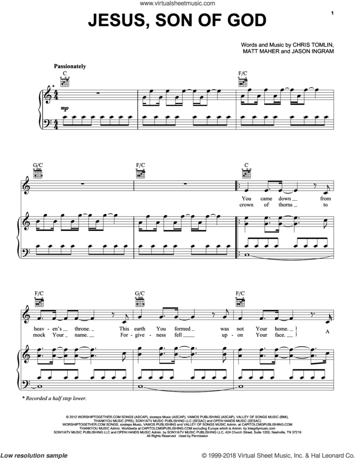 Jesus, Son Of God sheet music for voice, piano or guitar by Passion, Chris Tomlin, Jason Ingram and Matt Maher, intermediate skill level