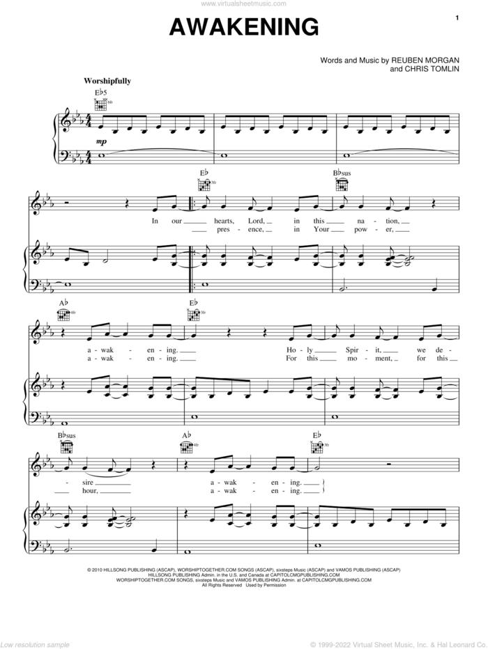 Awakening sheet music for voice, piano or guitar by Passion, Chris Tomlin and Reuben Morgan, intermediate skill level