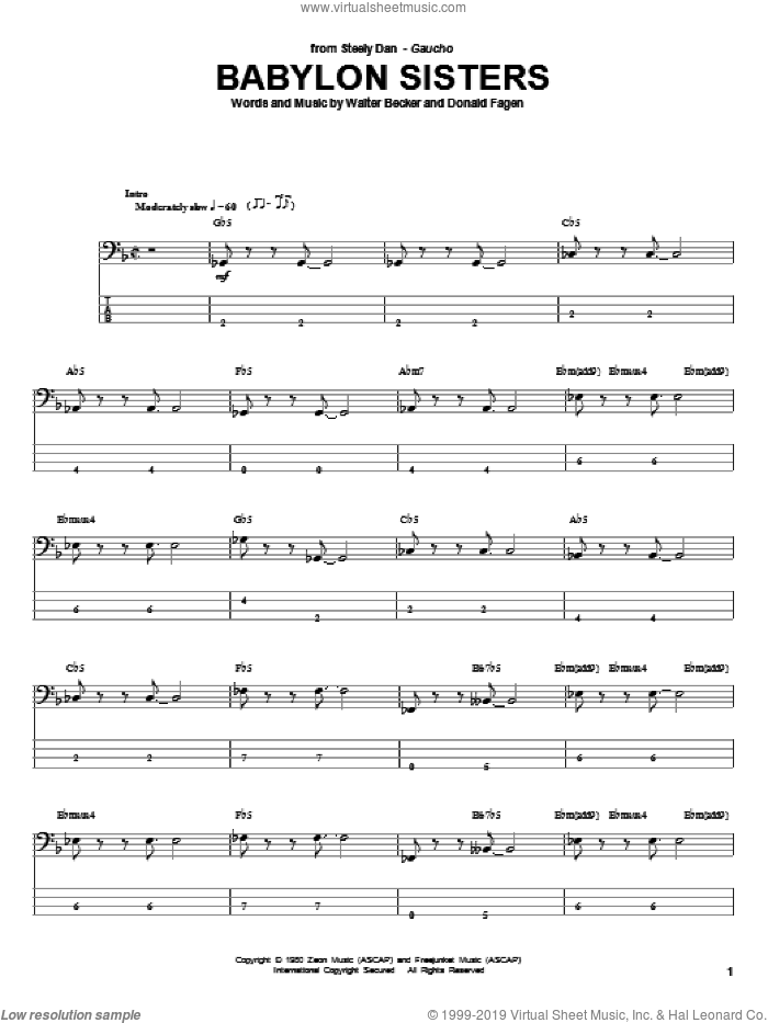 Babylon Sisters sheet music for bass (tablature) (bass guitar) by Steely Dan, Donald Fagen and Walter Becker, intermediate skill level