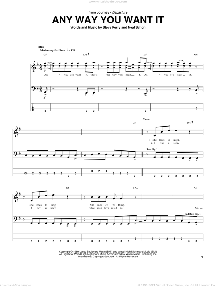 Any Way You Want It sheet music for bass (tablature) (bass guitar) by Journey, Neal Schon and Steve Perry, intermediate skill level