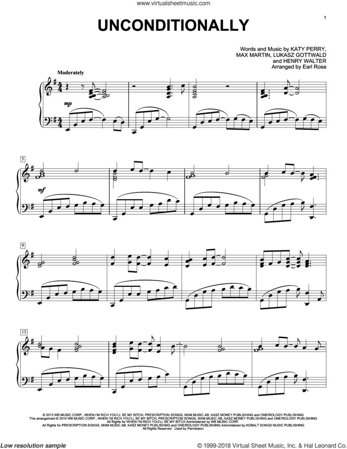 Unconditionally sheet music for piano solo by Max Martin, Earl Rose, Henry Walter, Katy Perry and Lukasz Gottwald, intermediate skill level