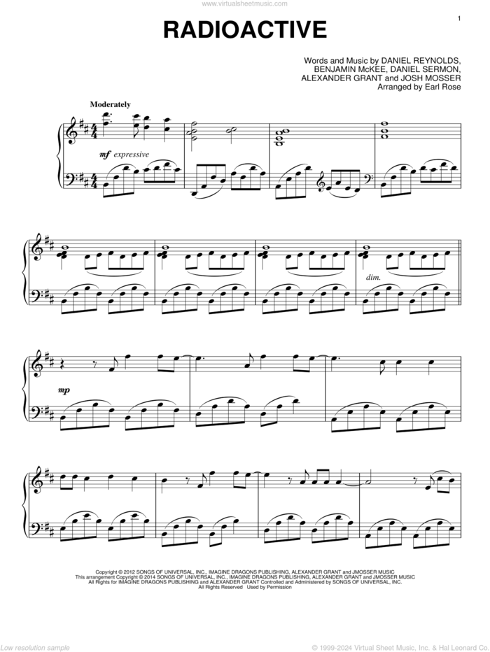 Radioactive sheet music for piano solo by Earl Rose, Imagine Dragons, Alexander Grant, Benjamin McKee, Daniel Reynolds, Daniel Sermon and Josh Mosser, intermediate skill level