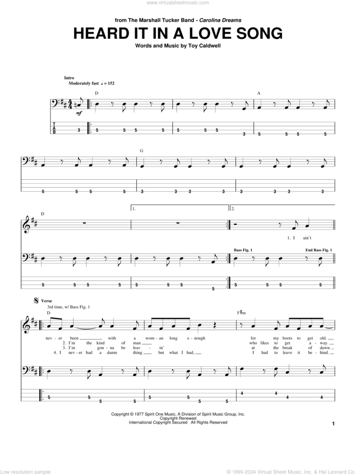 Heard It In A Love Song sheet music for bass (tablature) (bass guitar) by Marshall Tucker Band and Toy Caldwell, intermediate skill level