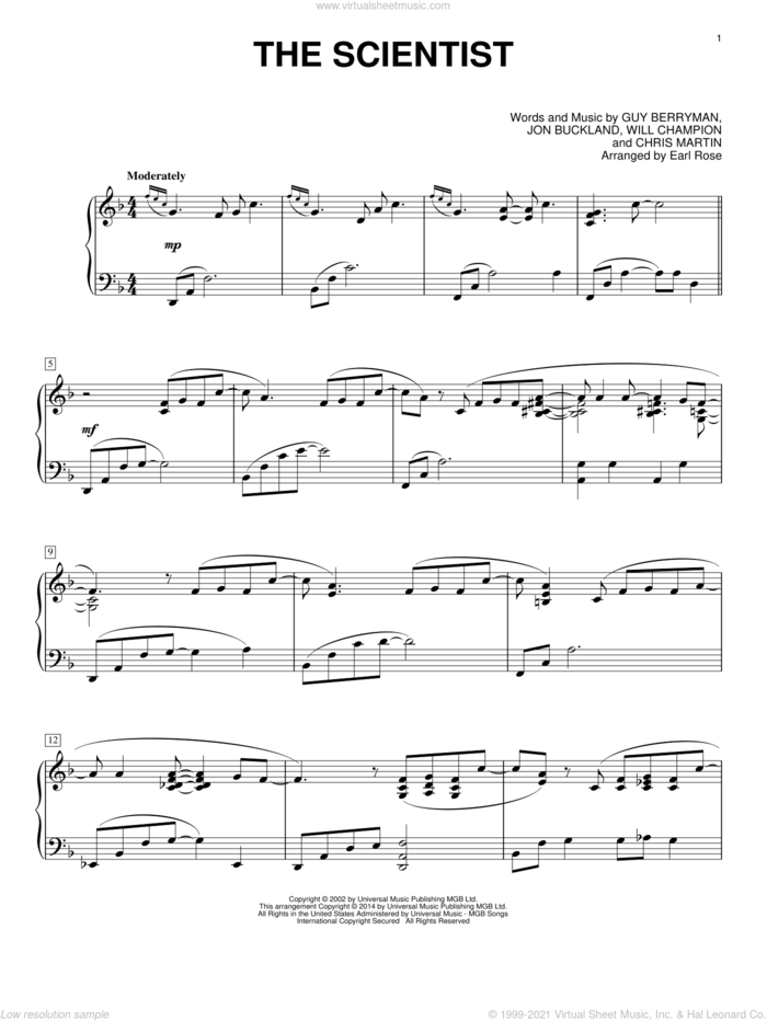 The Scientist sheet music for piano solo by Guy Berryman, Coldplay, Earl Rose, Chris Martin, Jon Buckland and Will Champion, intermediate skill level