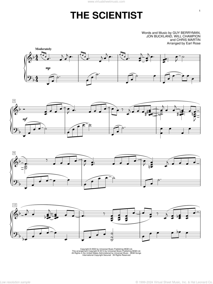 The Scientist sheet music for piano solo by Guy Berryman, Coldplay, Earl Rose, Chris Martin, Jon Buckland and Will Champion, intermediate skill level