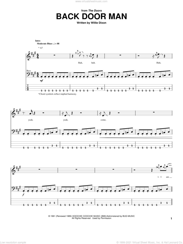 Back Door Man sheet music for bass (tablature) (bass guitar) by The Doors, Derek and Willie Dixon, intermediate skill level