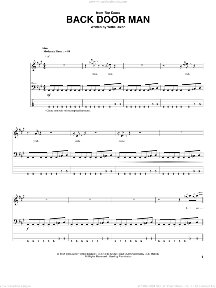 Back Door Man sheet music for bass (tablature) (bass guitar) by The Doors, Derek and Willie Dixon, intermediate skill level