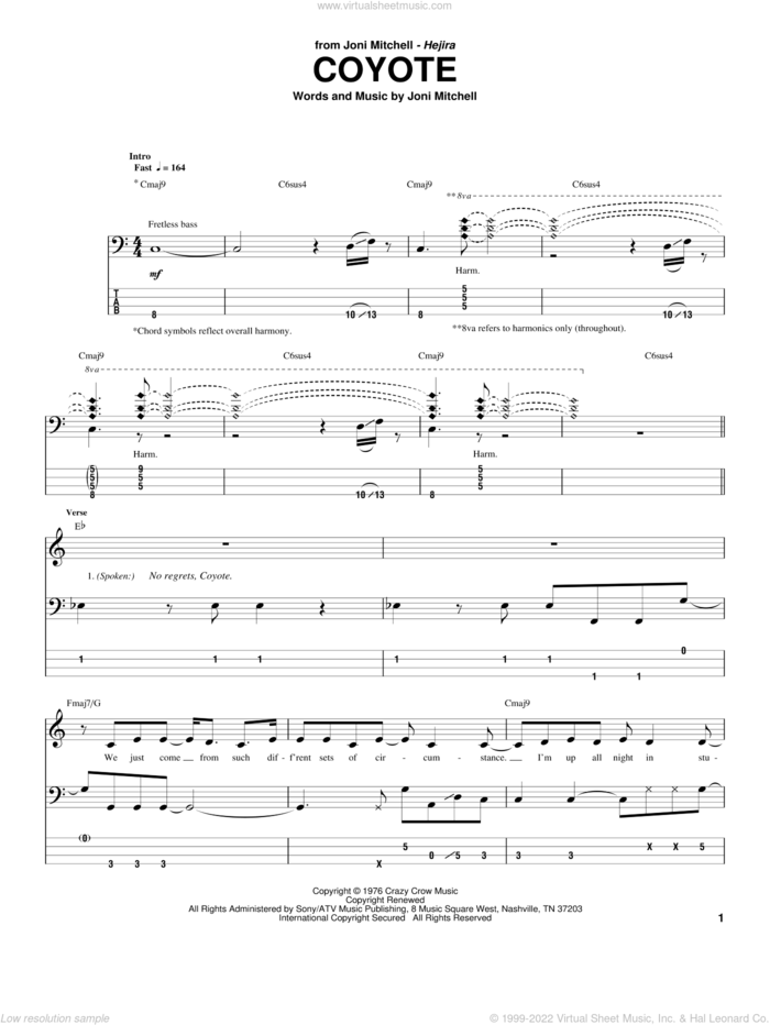 Coyote sheet music for bass (tablature) (bass guitar) by Joni Mitchell, intermediate skill level
