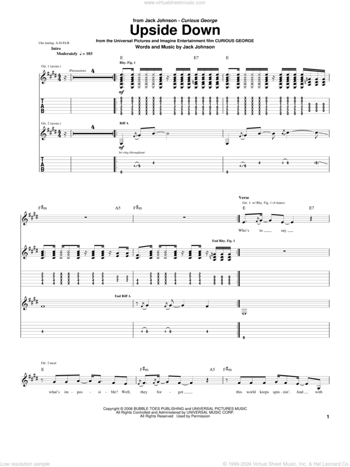 Upside Down sheet music for guitar (tablature) by Jack Johnson and Curious George (Movie), intermediate skill level
