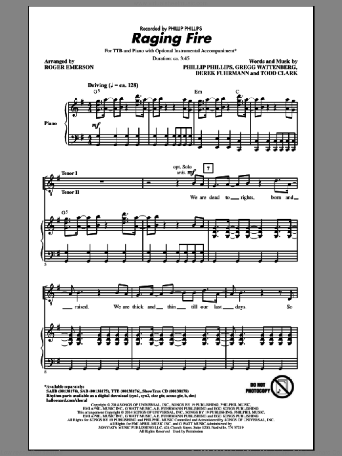 Raging Fire sheet music for choir (TTBB: tenor, bass) by Phillip Phillips, Roger Emerson, Derek Fuhrmann, Gregg Wattenberg and Todd Clark, intermediate skill level