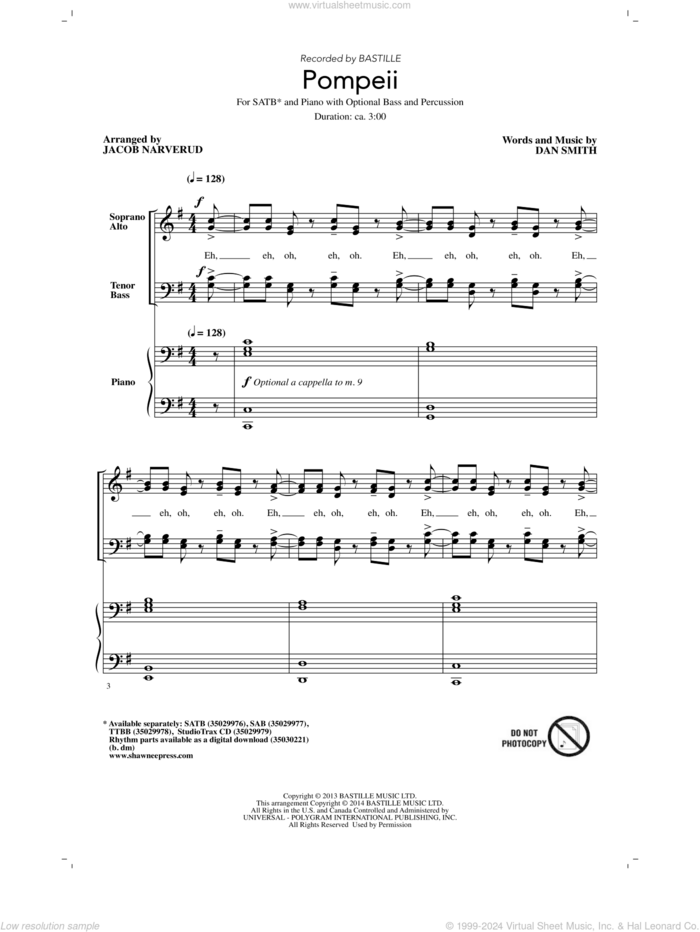 Pompeii (arr. Jacob Narverud) sheet music for choir (SATB: soprano, alto, tenor, bass) by Dan Smith, Jacob Narverud and Bastille, intermediate skill level