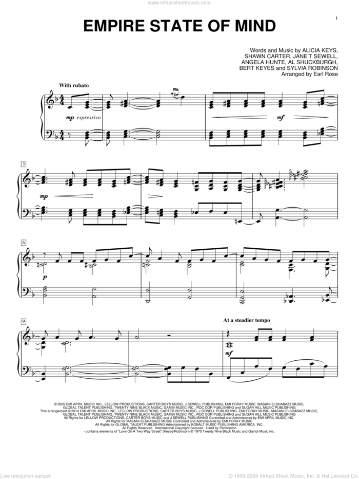 Empire State Of Mind sheet music for piano solo by Alicia Keys, Earl Rose, Glee Cast, Jay-Z featuring Alicia Keys, Al Shuckburgh, Angela Hunte, Bert Keyes, Shawn Carter and Sylvia Robinson, intermediate skill level