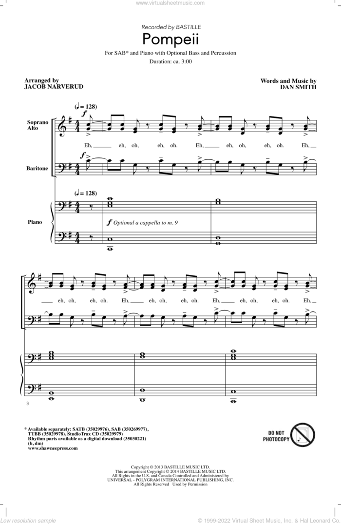 Pompeii (arr. Jacob Narverud) sheet music for choir (SAB: soprano, alto, bass) by Dan Smith, Jacob Narverud and Bastille, intermediate skill level