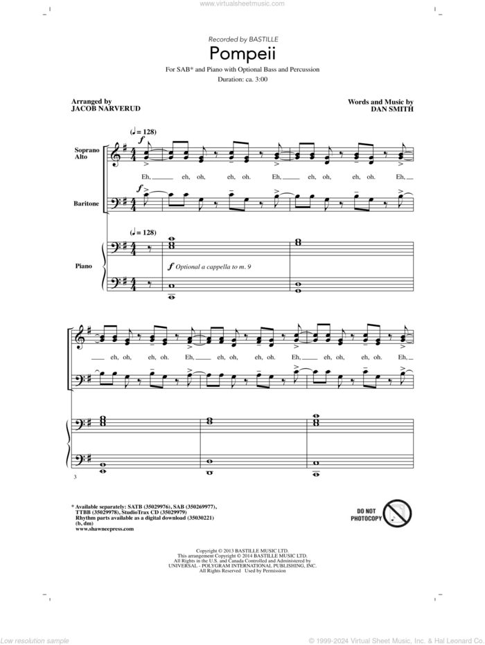 Pompeii (arr. Jacob Narverud) sheet music for choir (SAB: soprano, alto, bass) by Dan Smith, Jacob Narverud and Bastille, intermediate skill level