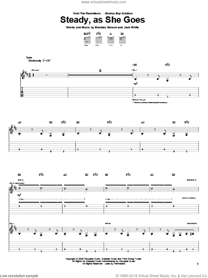 Steady, As She Goes sheet music for guitar (tablature) by The Raconteurs, Brendan Benson and Jack White, intermediate skill level