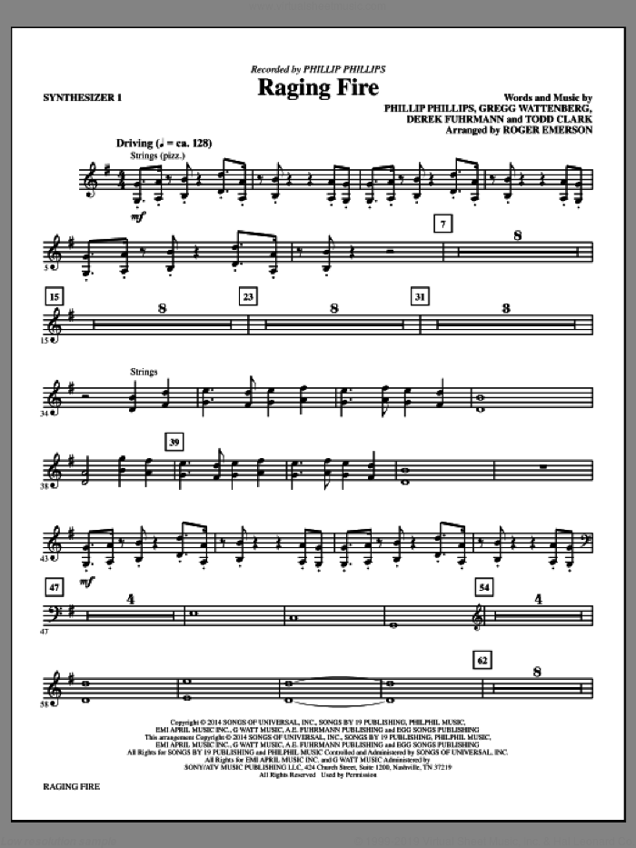 Raging Fire (complete set of parts) sheet music for orchestra/band by Roger Emerson, Derek Fuhrmann, Gregg Wattenberg, Phillip Phillips and Todd Clark, intermediate skill level