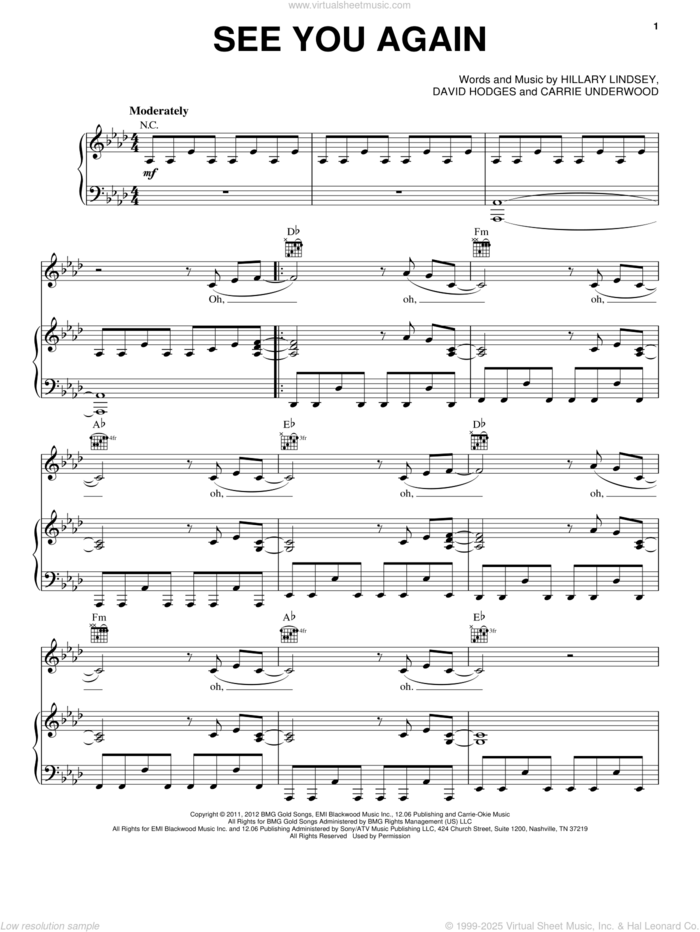 See You Again sheet music for voice, piano or guitar by Carrie Underwood, David Hodges and Hillary Lindsey, intermediate skill level