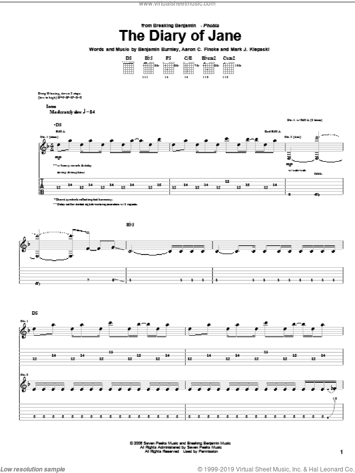 The Diary Of Jane sheet music for guitar (tablature) by Breaking Benjamin, Aaron C. Fincke, Benjamin Burnley and Mark J. Klepaski, intermediate skill level