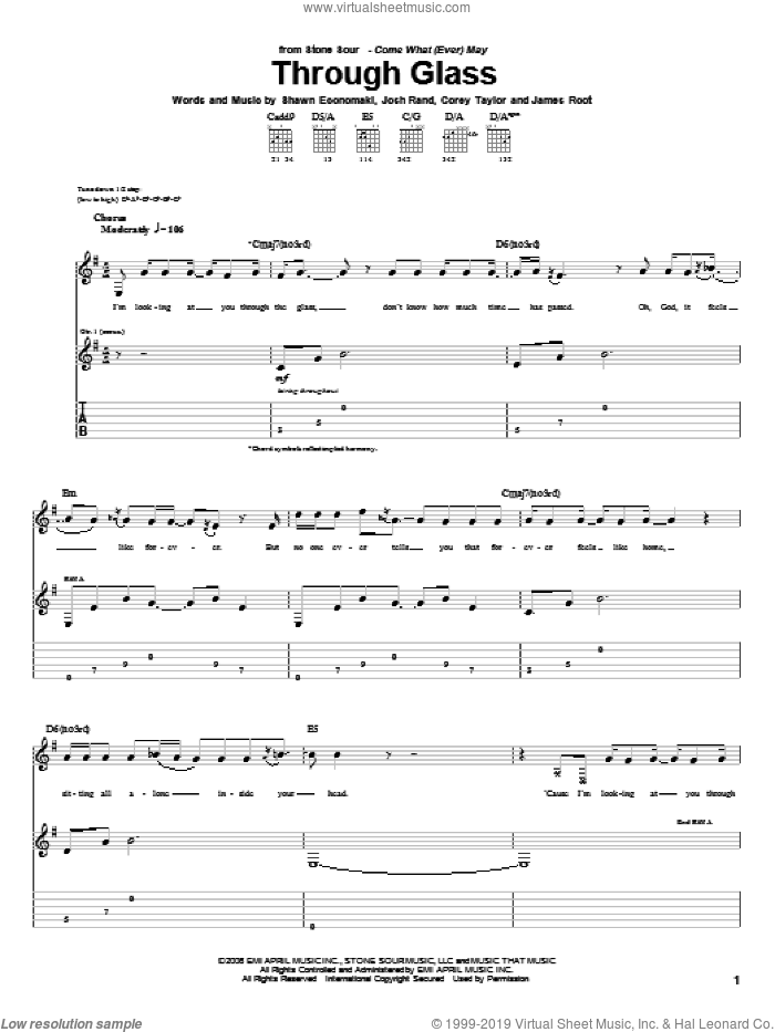 Through Glass sheet music for guitar (tablature) by Stone Sour, Corey Taylor, James Root, Josh Rand and Shawn Economaki, intermediate skill level