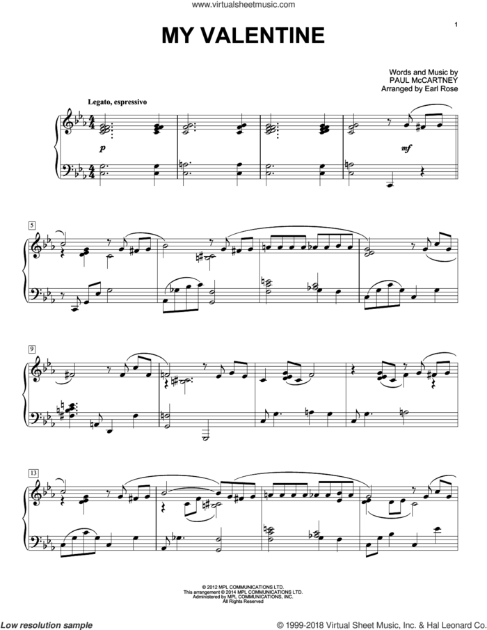 My Valentine, (intermediate) sheet music for piano solo by Paul McCartney and Earl Rose, wedding score, intermediate skill level