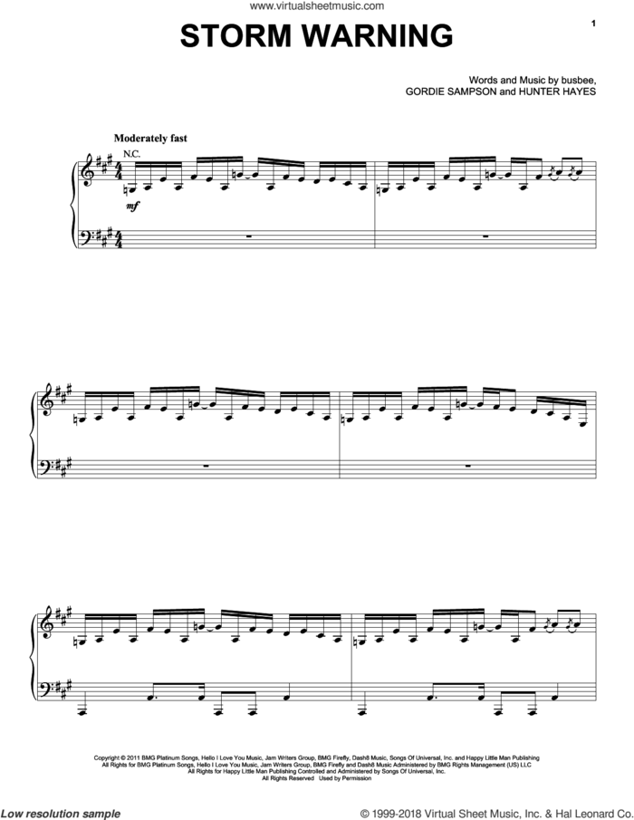 Storm Warning sheet music for voice, piano or guitar by Hunter Hayes, busbee and Gordie Sampson, intermediate skill level
