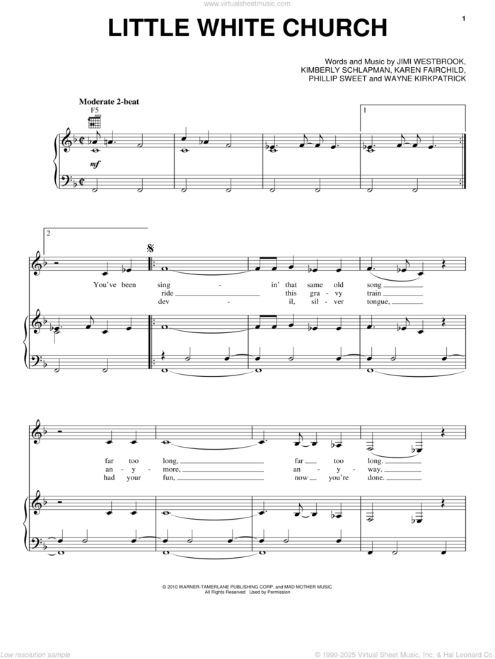 Little White Church sheet music for voice, piano or guitar by Little Big Town, Jimi Westbrook, Karen Fairchild, Kimberly Schlapman, Phillip Sweet and Wayne Kirkpatrick, intermediate skill level