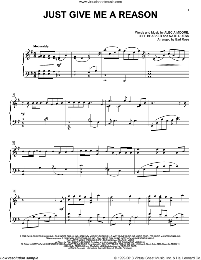Just Give Me A Reason, (intermediate) sheet music for piano solo by Jeff Bhasker, Earl Rose, Pink featuring Nate Ruess, Alecia Moore and Nate Ruess, intermediate skill level