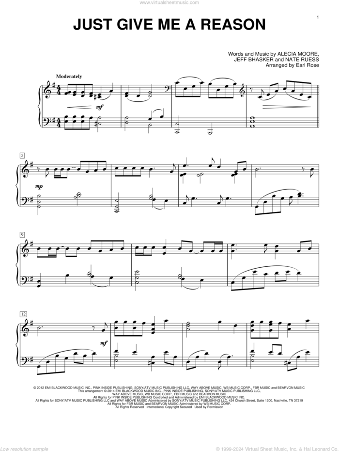 Just Give Me A Reason, (intermediate) sheet music for piano solo by Jeff Bhasker, Earl Rose, Pink featuring Nate Ruess, Alecia Moore and Nate Ruess, intermediate skill level