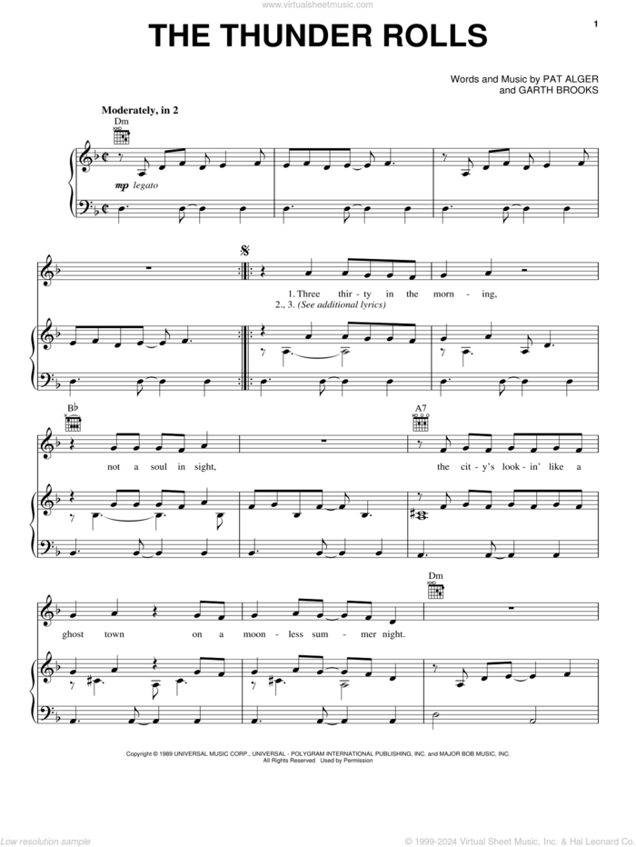 The Thunder Rolls sheet music for voice, piano or guitar by Garth Brooks and Patrick Alger, intermediate skill level