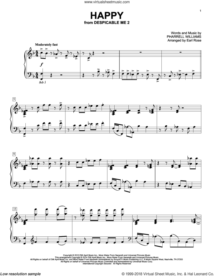 Happy, (intermediate) sheet music for piano solo by Pharrell Williams, Earl Rose and Pharrell, intermediate skill level